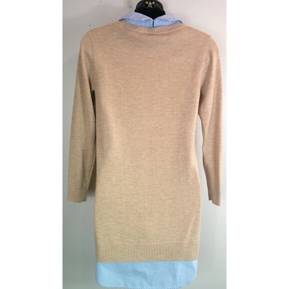 English Factory Shirt Dress Women's Small Collared Tan Blue - Picture 5 of 8